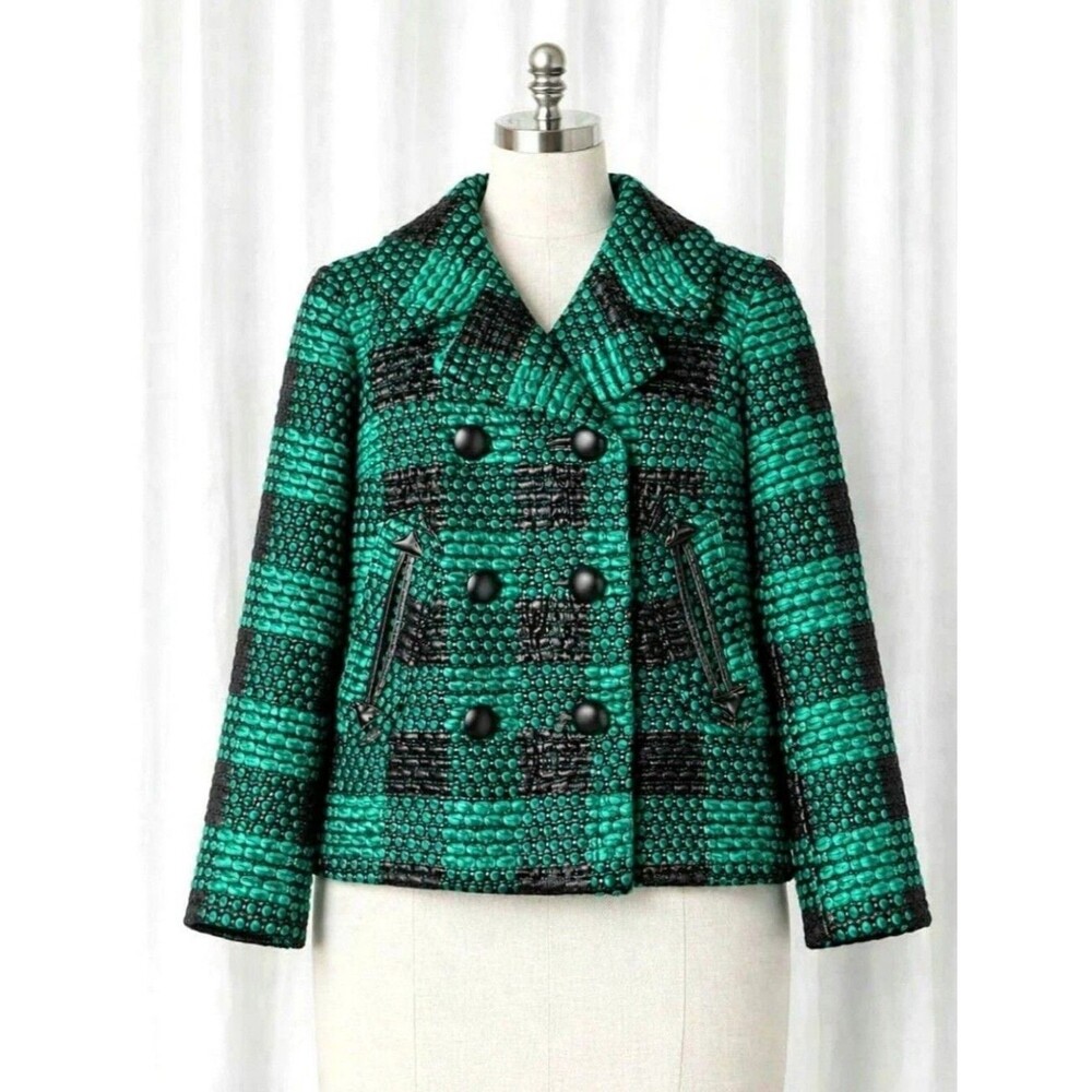 Milly of New York Emerald Green Black Plaid Woven Boucle Double Breasted Jacket